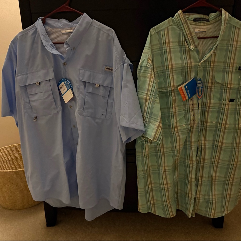Columbia Men's Light Blue and Green Plaid Casual and Fishing Shirts